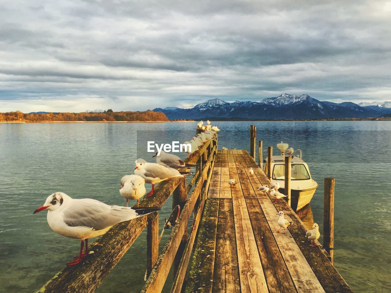 Pier on lake against cloudy sky