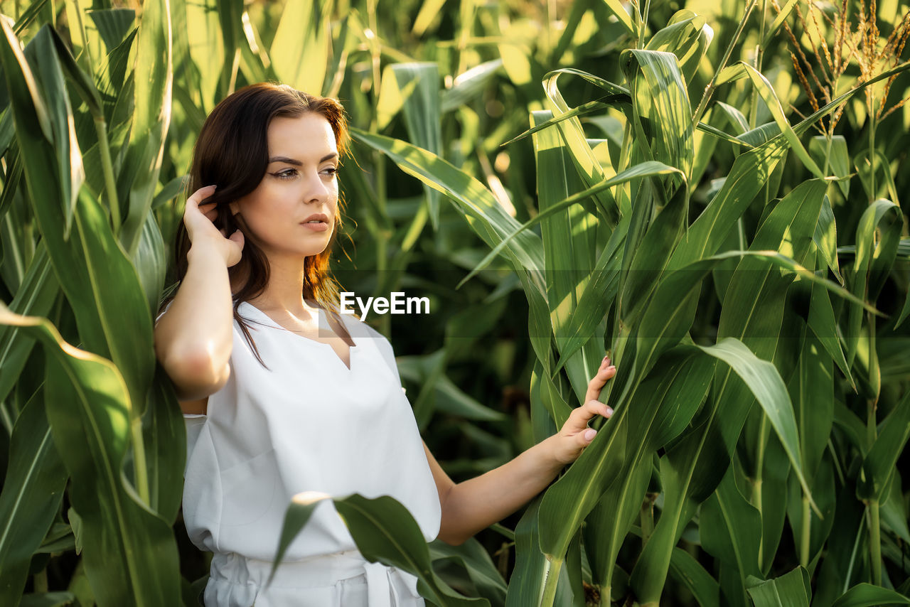 one person, women, plant, adult, agriculture, corn, crop, field, growth, young adult, green, cereal plant, nature, land, rural scene, landscape, standing, female, looking, food, environment, flower, waist up, farm, beauty in nature, outdoors, portrait, grass, summer, hairstyle, food grain, food and drink, leaf, clothing, long hair, lifestyles, examining, occupation, plant part, fashion, brown hair