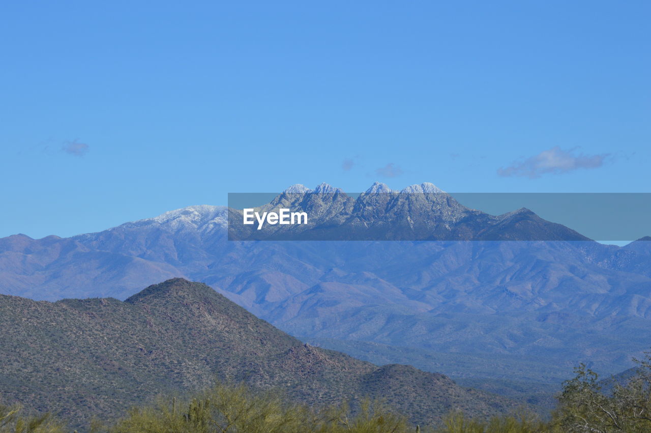 Scenic view of snowcapped mountains against clear blue sky