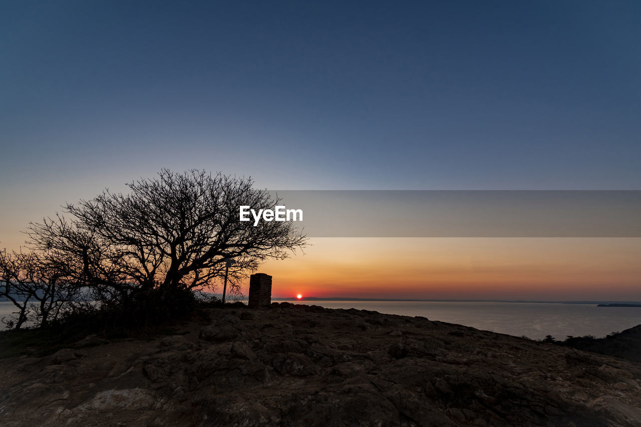 Silhouette bare tree by sea against sky during sunset