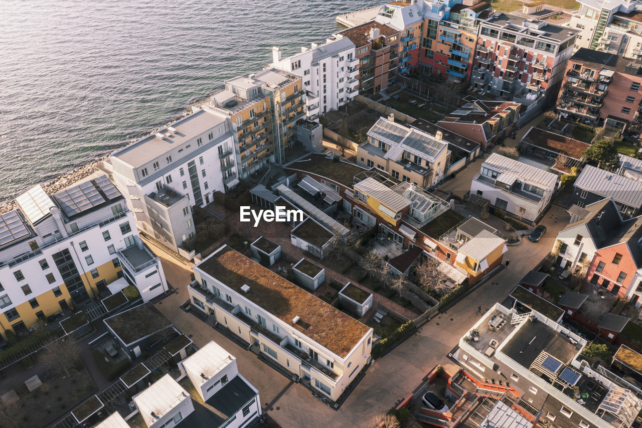 Aerial view of residential buildings on sea coast