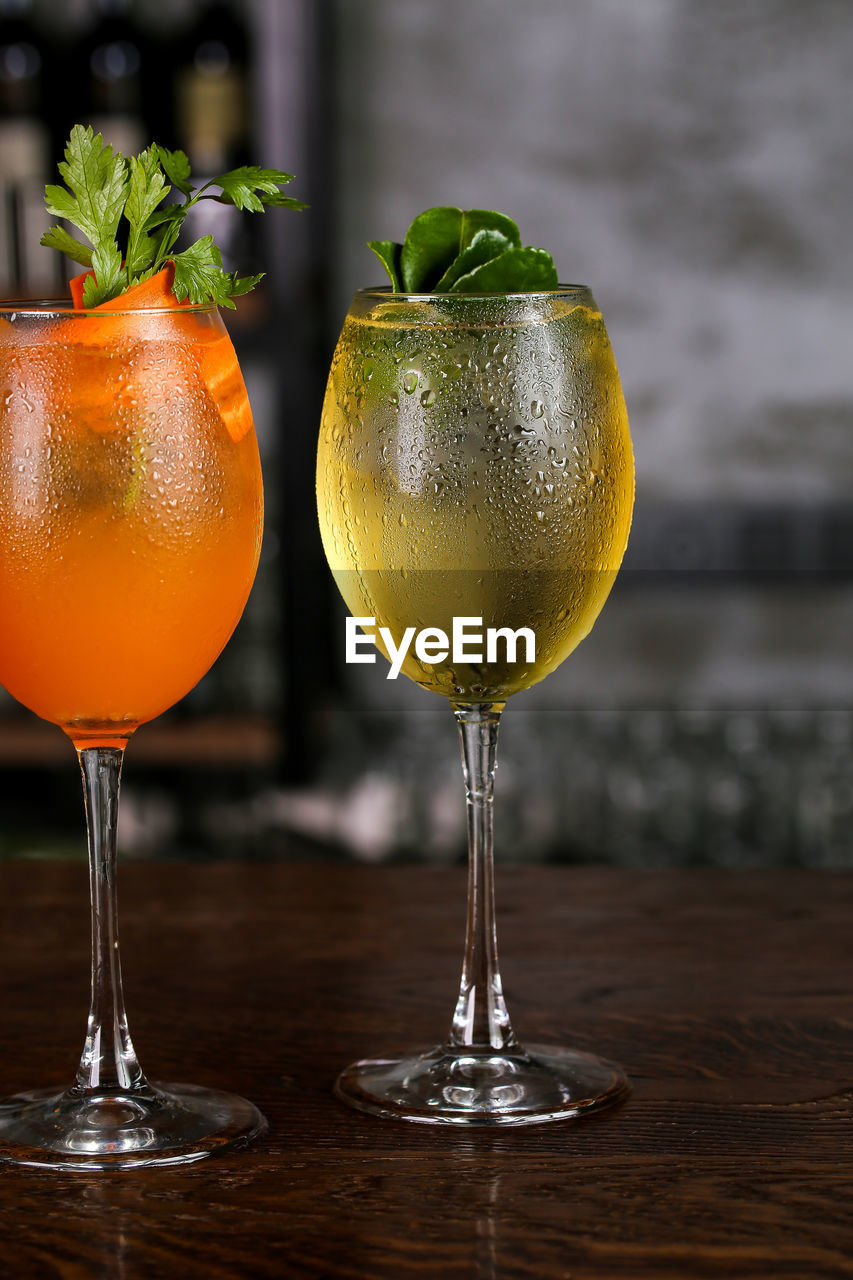 Close-up of cold drinks on table