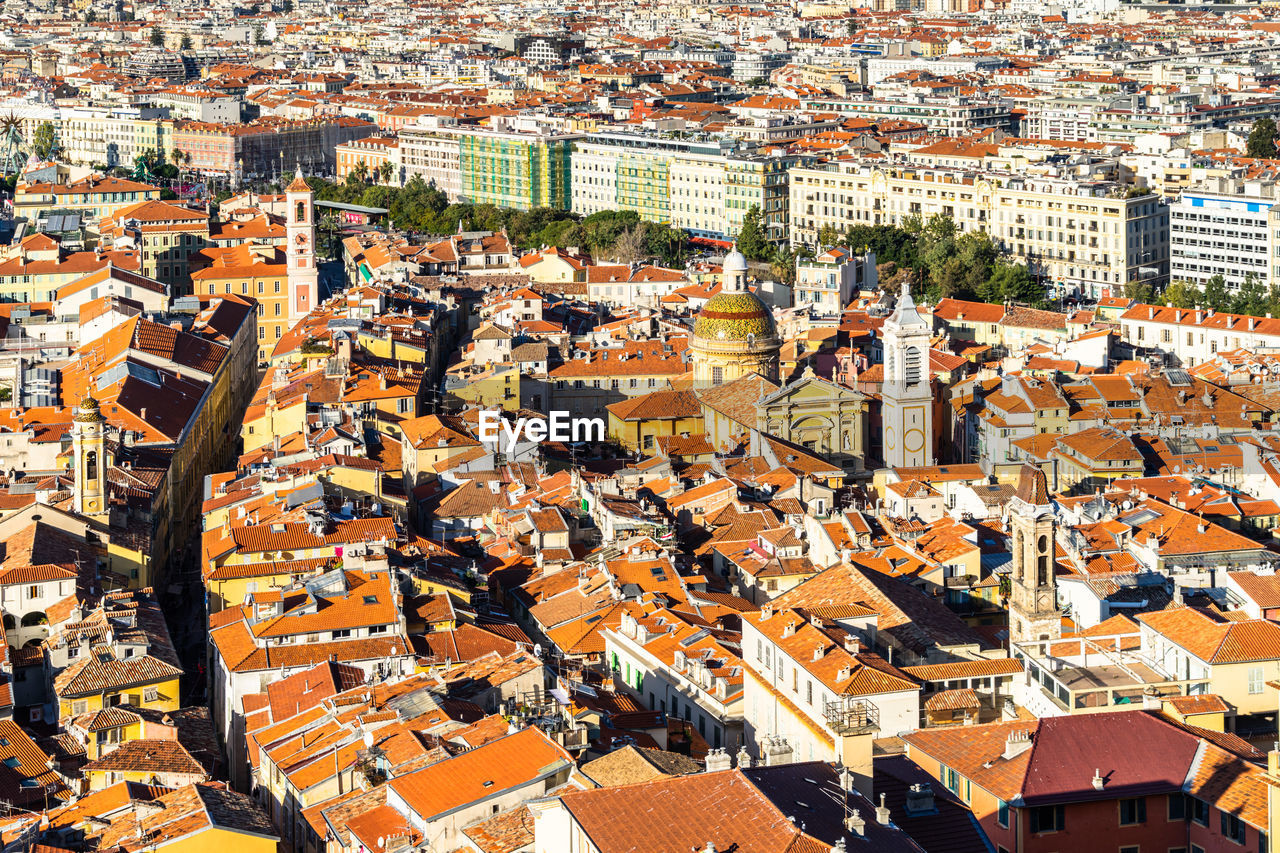 The colorful rooftops of nice old town seen from above at the colline du chateau, france