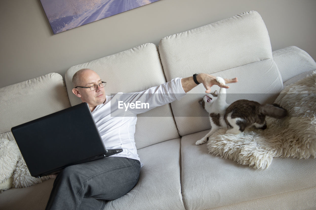 Mature man and cat using laptop on sofa at home during quarantine of coronavirus covid-19