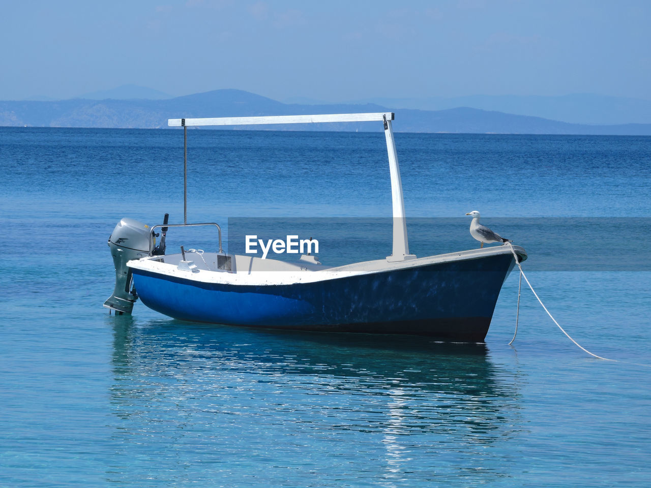 Seagull perching on boat moored at sea against sky