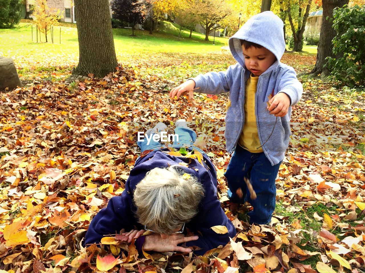 Full length of cute boy with grandmother in autumn