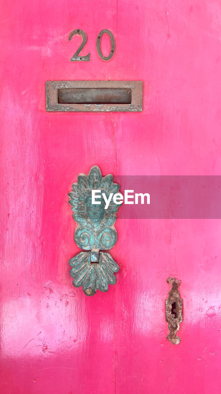 pink, door, red, entrance, no people, metal, close-up, wall - building feature, architecture, door knocker, full frame, day, built structure, backgrounds, outdoors