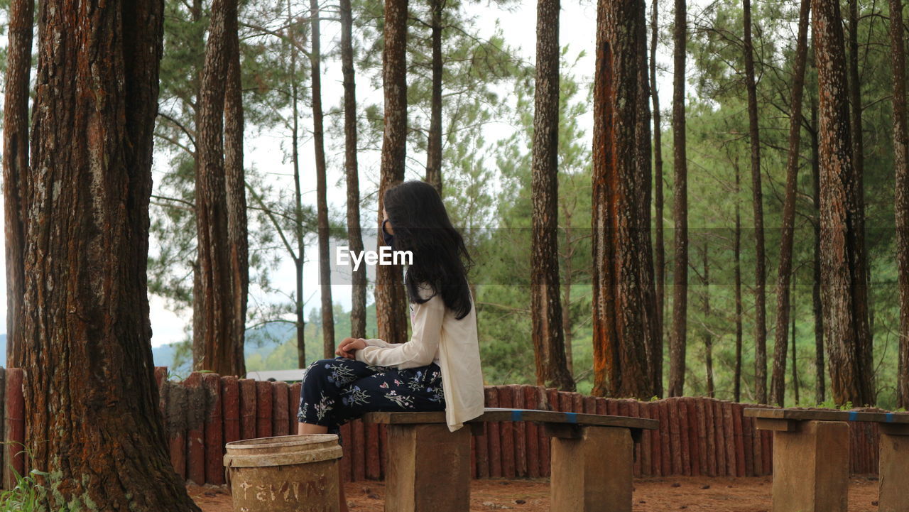 Woman sitting on bench by trees in forest