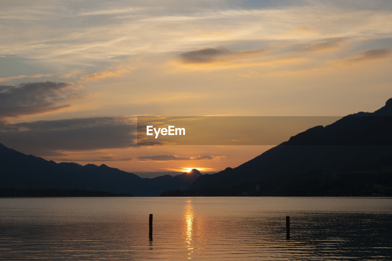 Scenic view of lake against sky during sunset