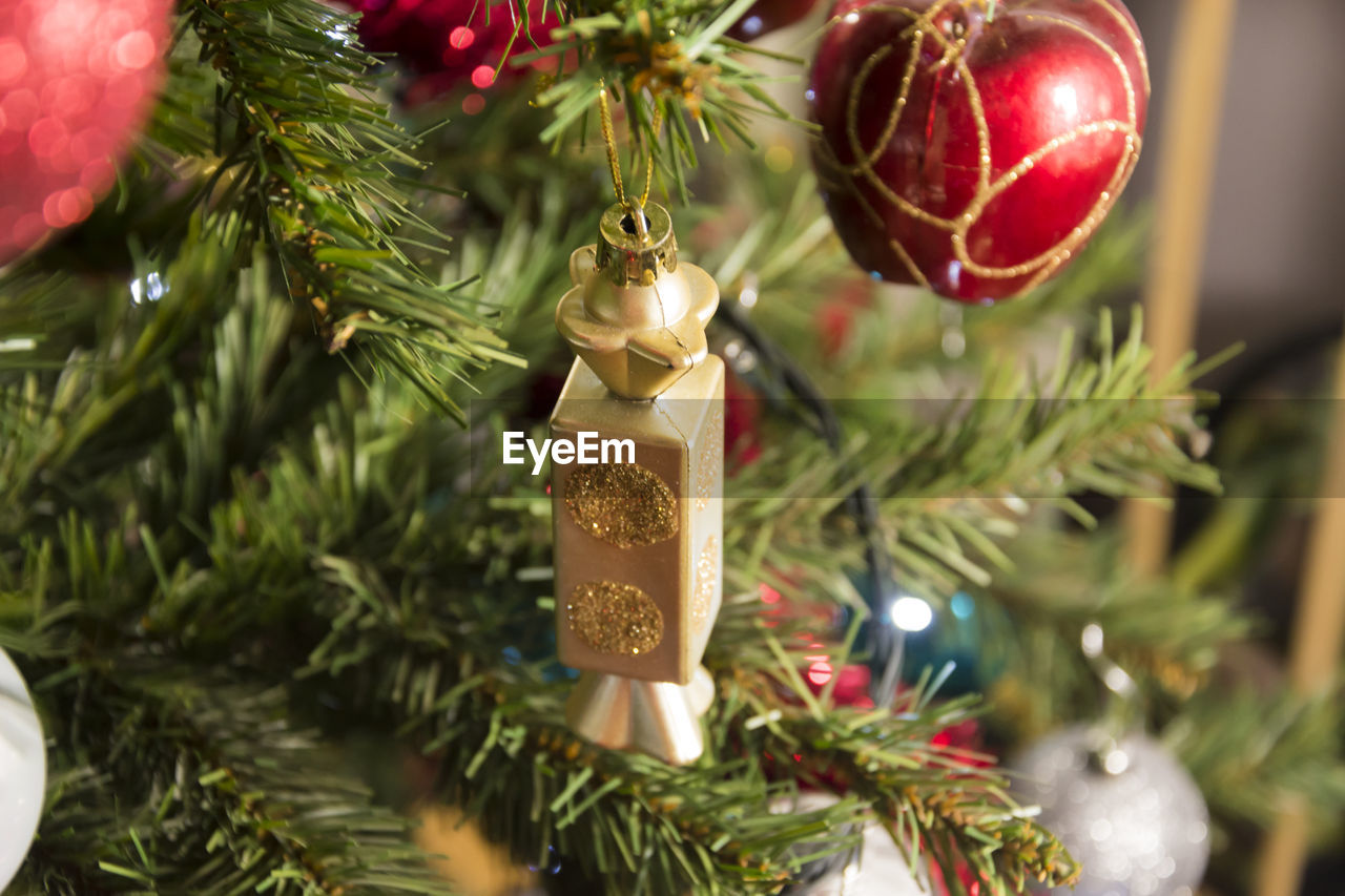 Close-up of christmas decoration hanging on tree