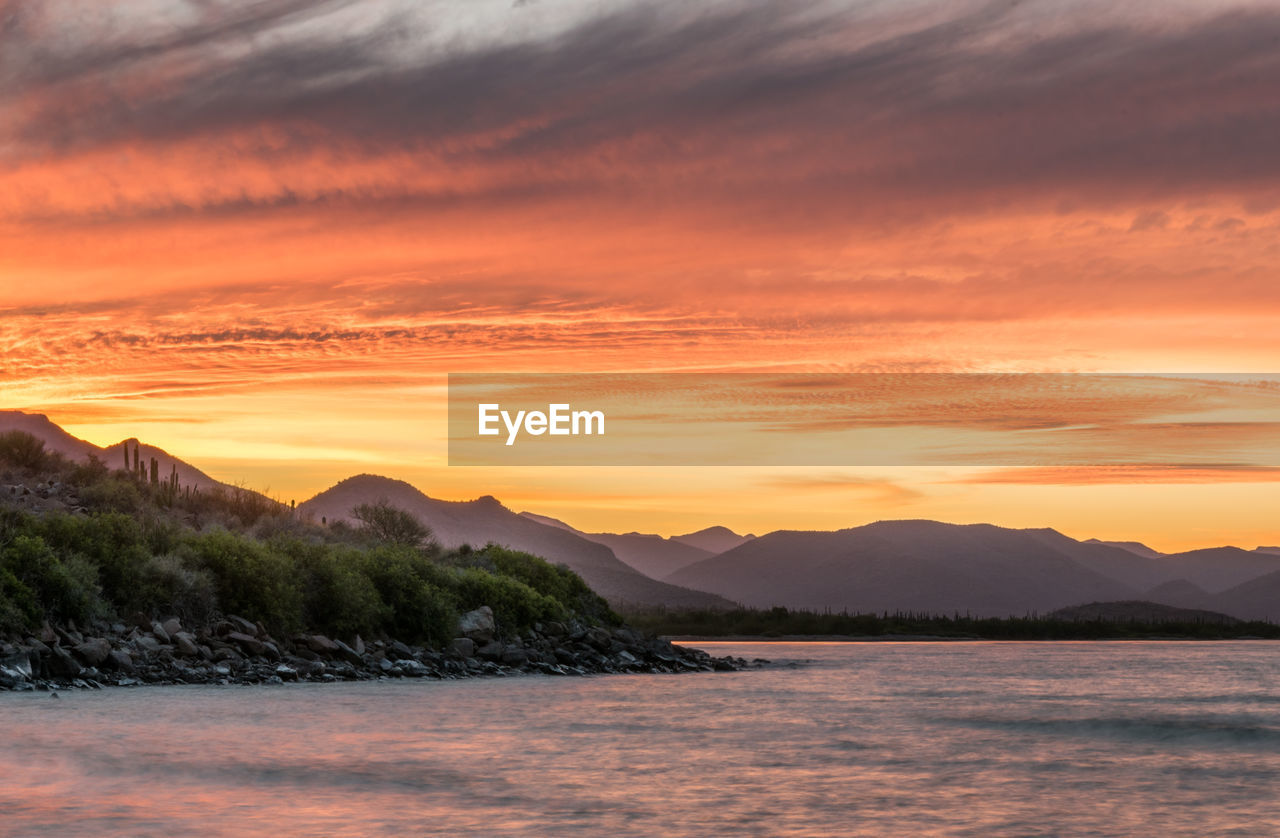 Scenic view of lake against dramatic sky