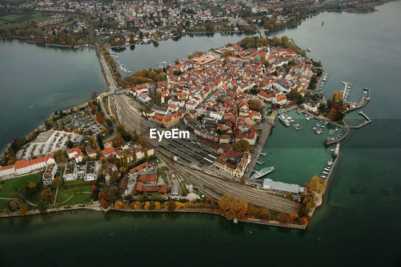 High angle view of cityscape by river