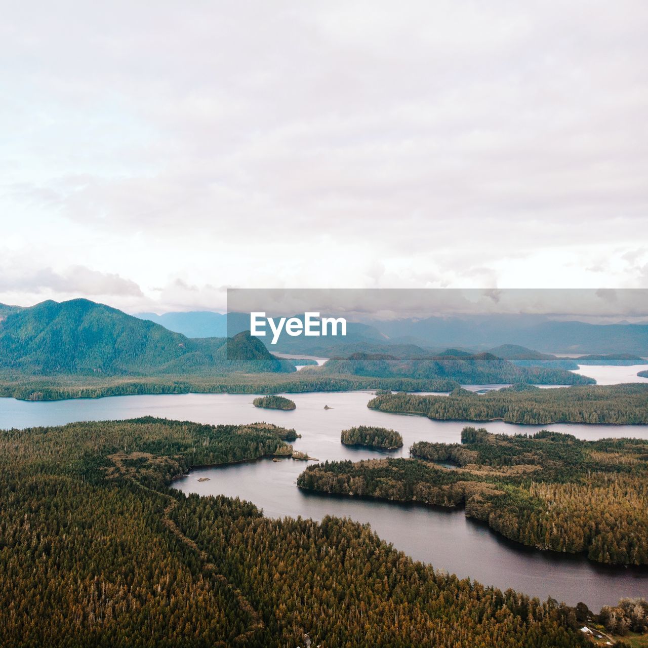 Scenic view of lake against sky, tofino beach vancouver island from above