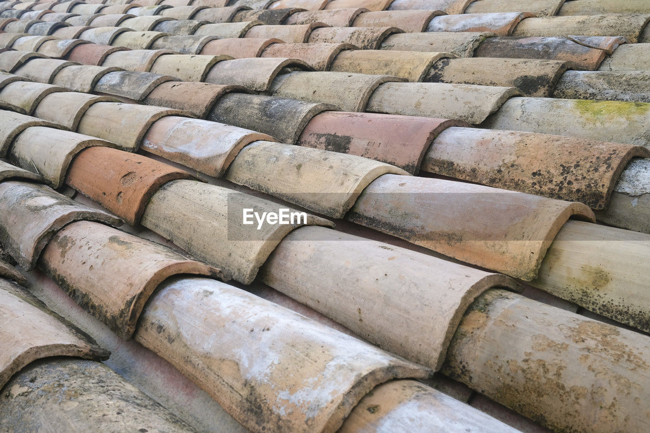 in a row, brick, full frame, wall, backgrounds, no people, large group of objects, repetition, wood, roof tile, arrangement, pattern, architecture, day, abundance, order, side by side, outdoors, high angle view, roof, brickwork, flooring