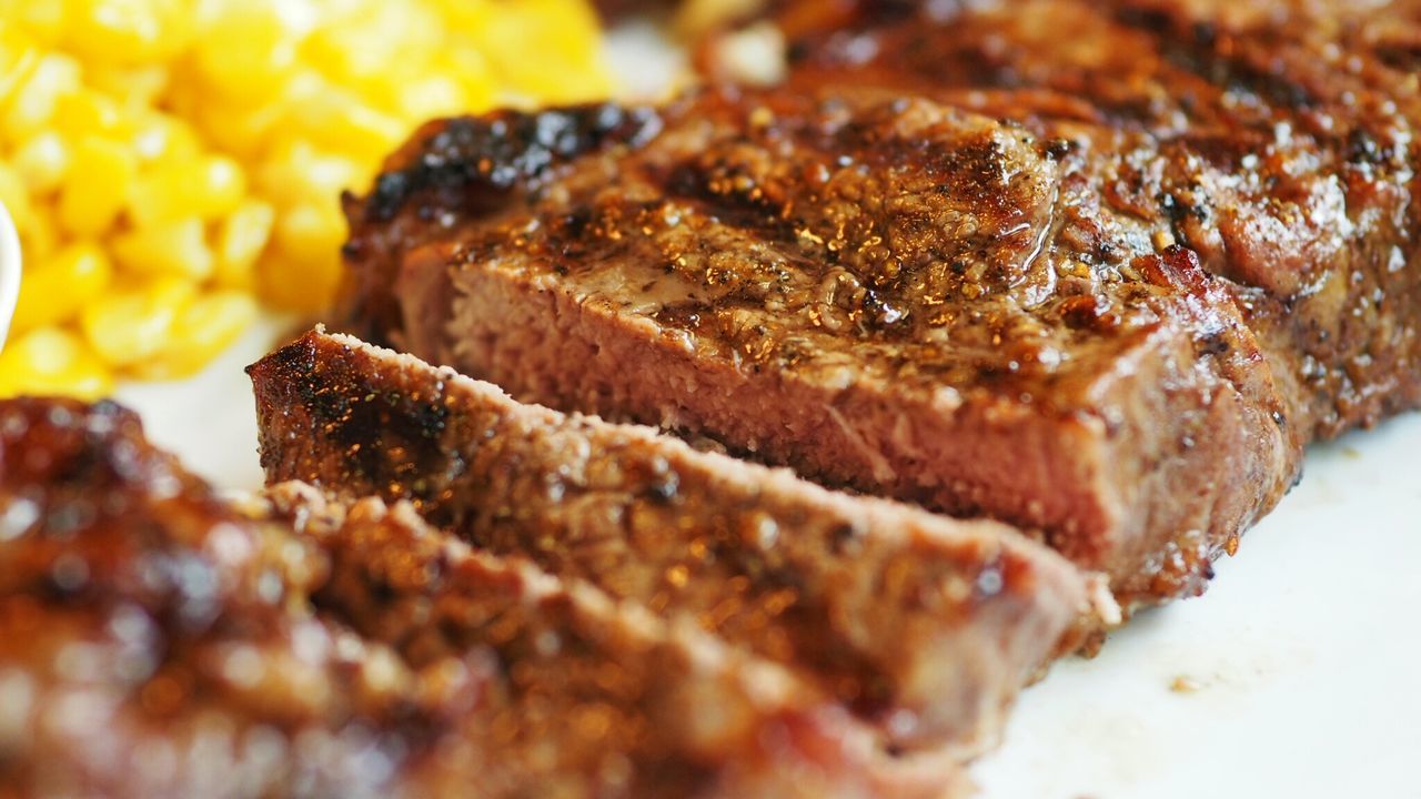 Close-up of steak in plate