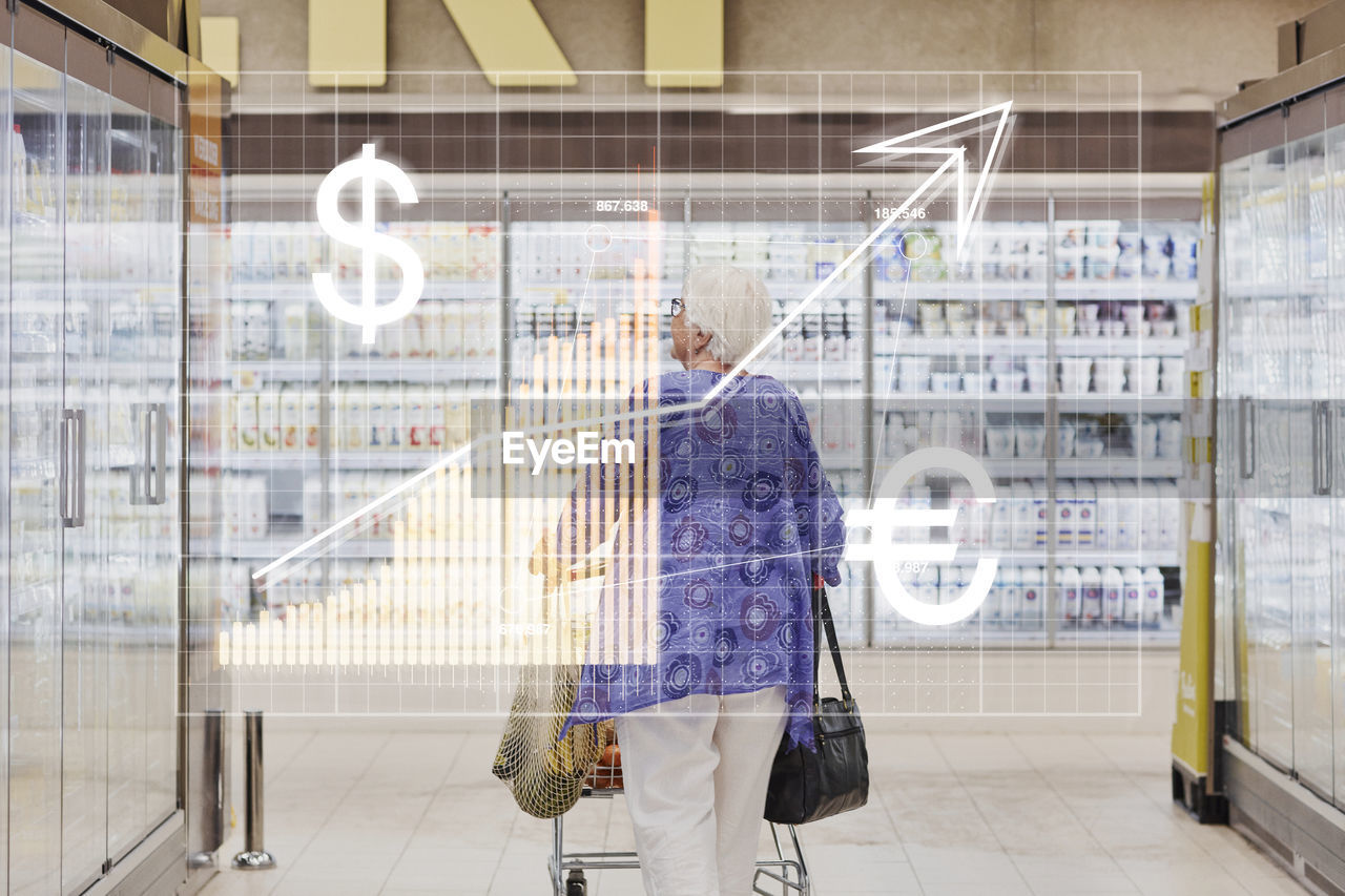 Financial chart and senior woman shopping in supermarket