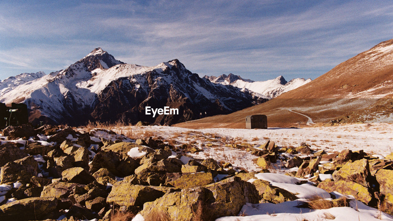 Scenic view of snowcapped mountains against sky