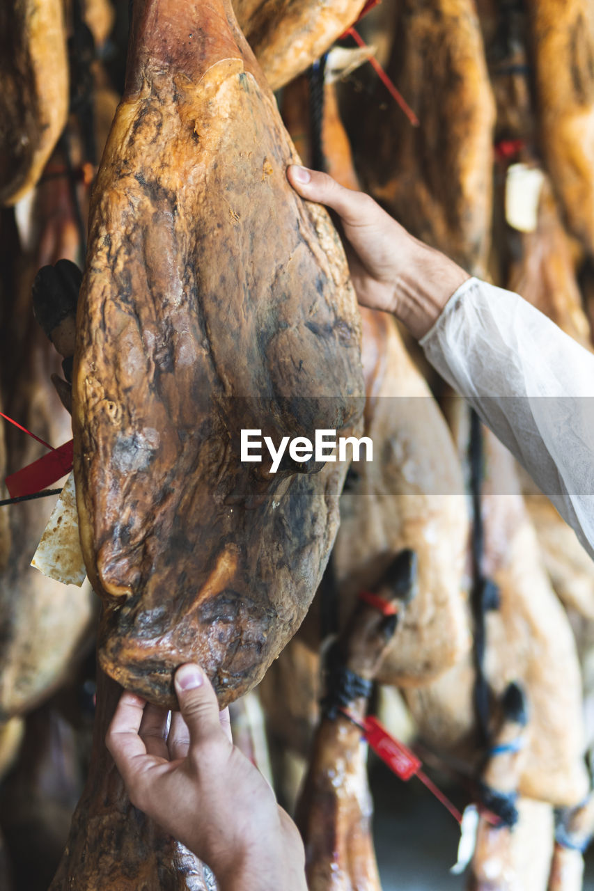 Man examining ham meat hung in slaughterhouse