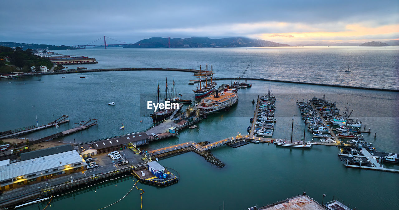 high angle view of boats in sea against sky