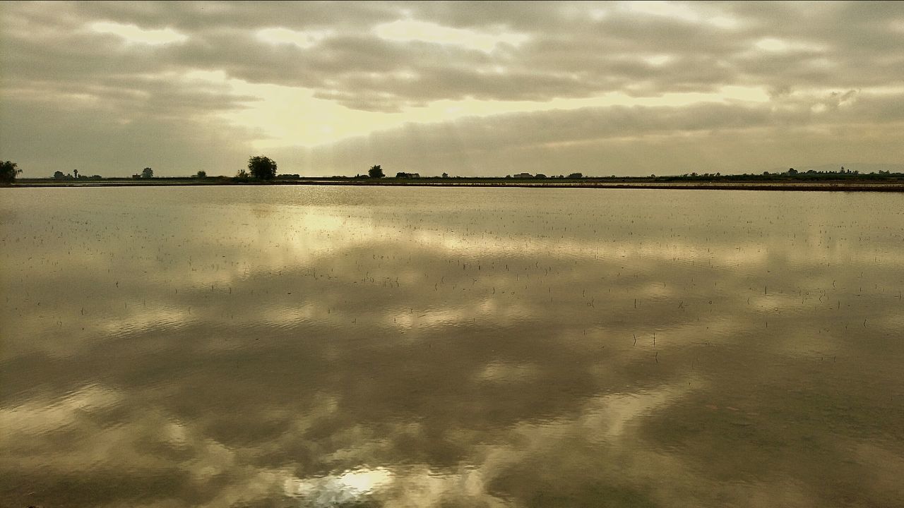 SCENIC VIEW OF SEA AGAINST CLOUDY SKY AT SUNSET