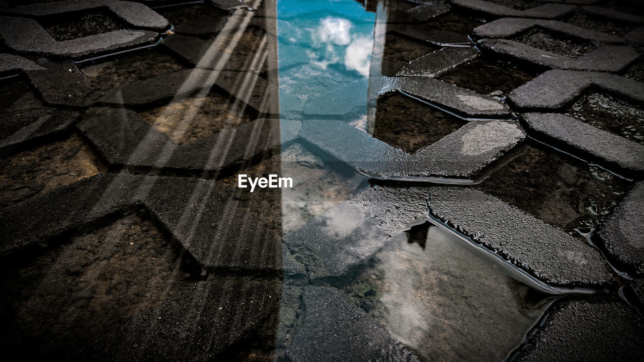 High angle view of puddle on street