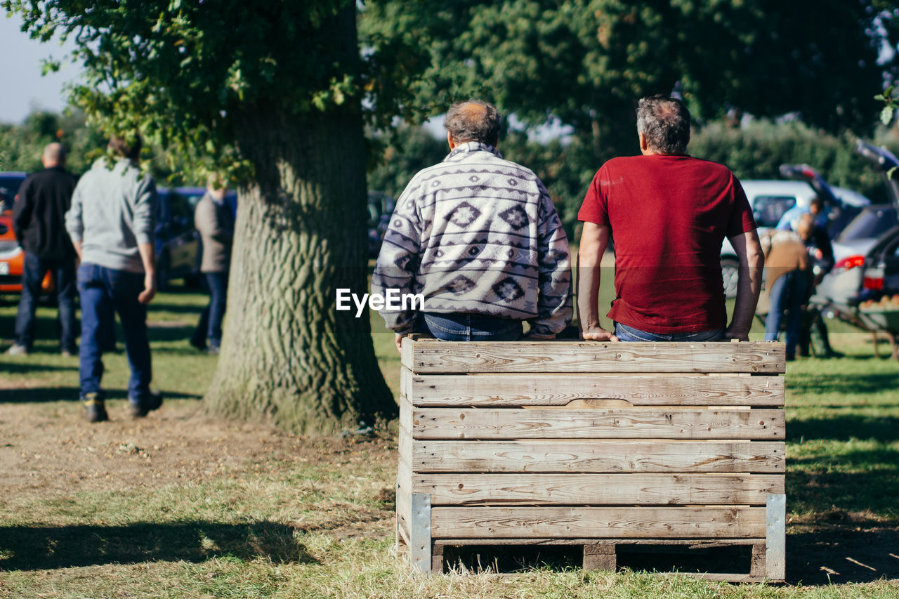 Rear view of men sitting on wooden table at park