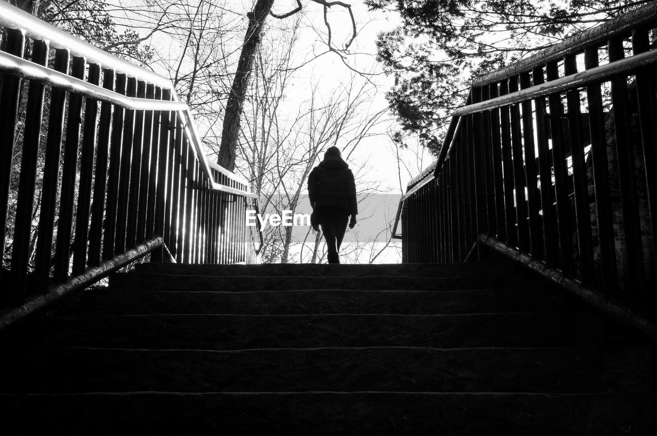 Silhouette person walking on staircase in park