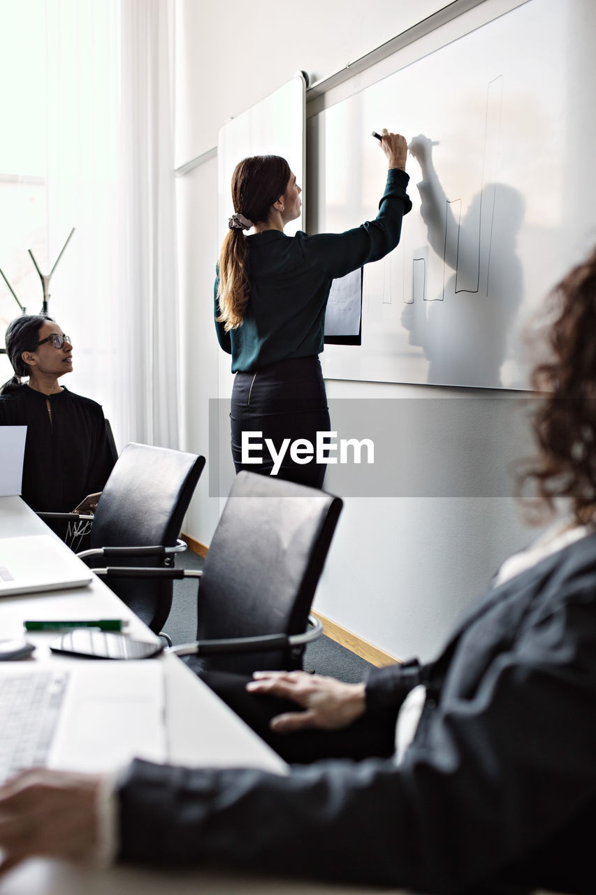 Female colleagues looking at businesswoman drawing on whiteboard during meeting in board room