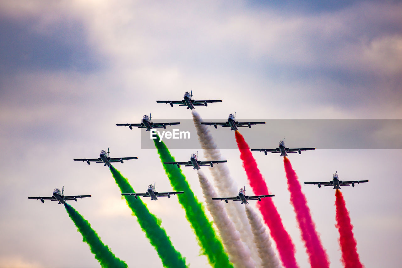 Frecce tricolori italian acrobatic aircraft team during exhibition at milan linate airport airshow 