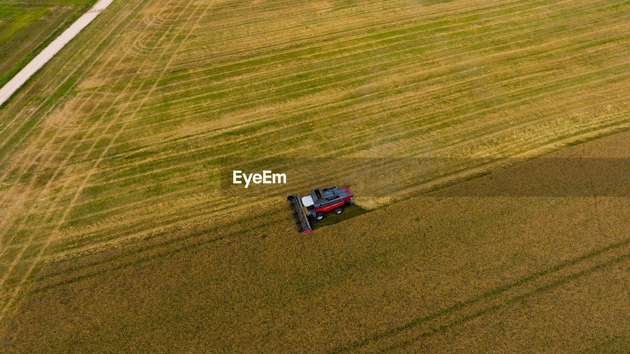 Aerial view of tractor working on field