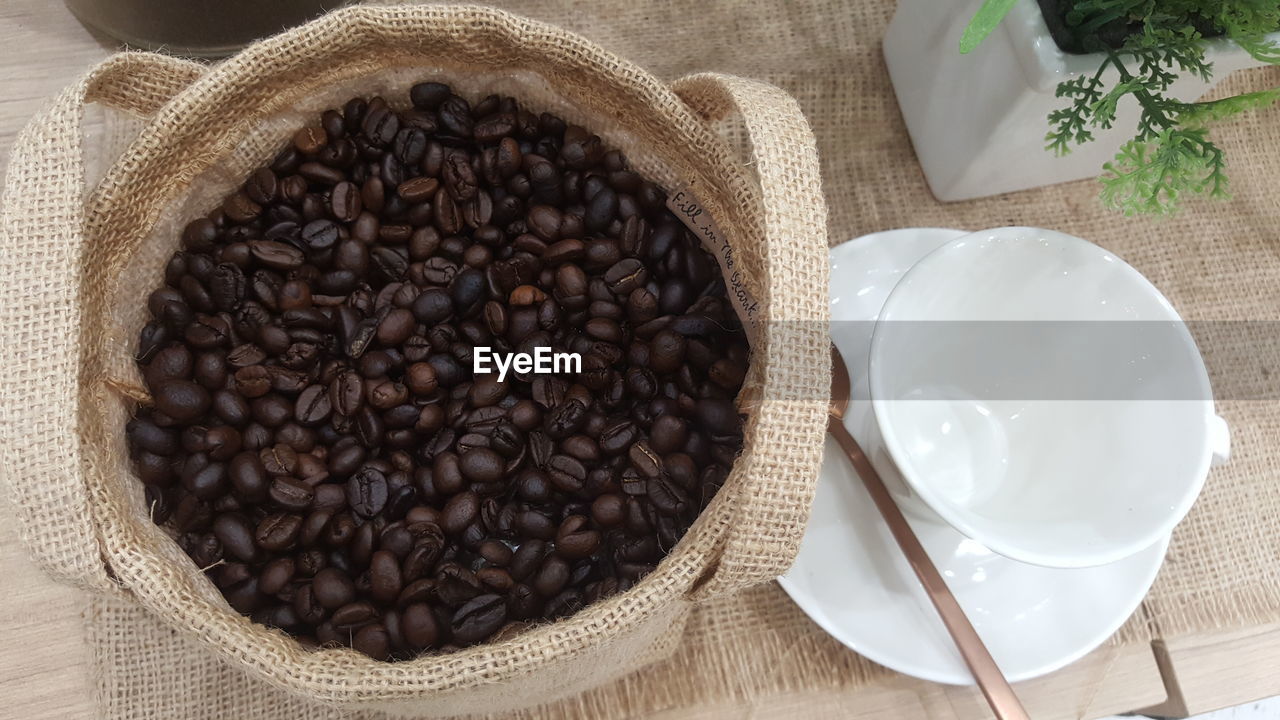 High angle view of coffee beans on table