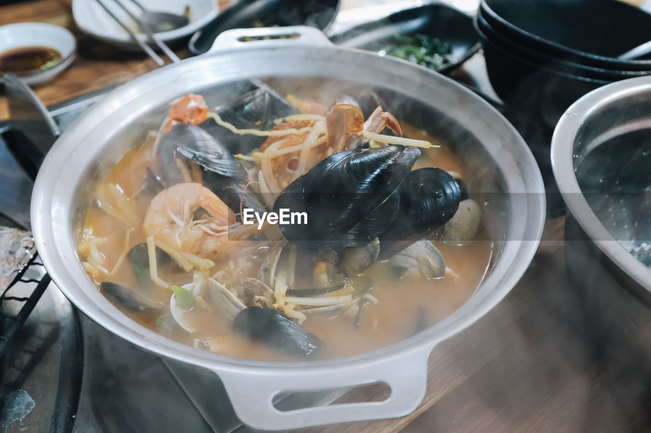 High angle view of food in bowl on table