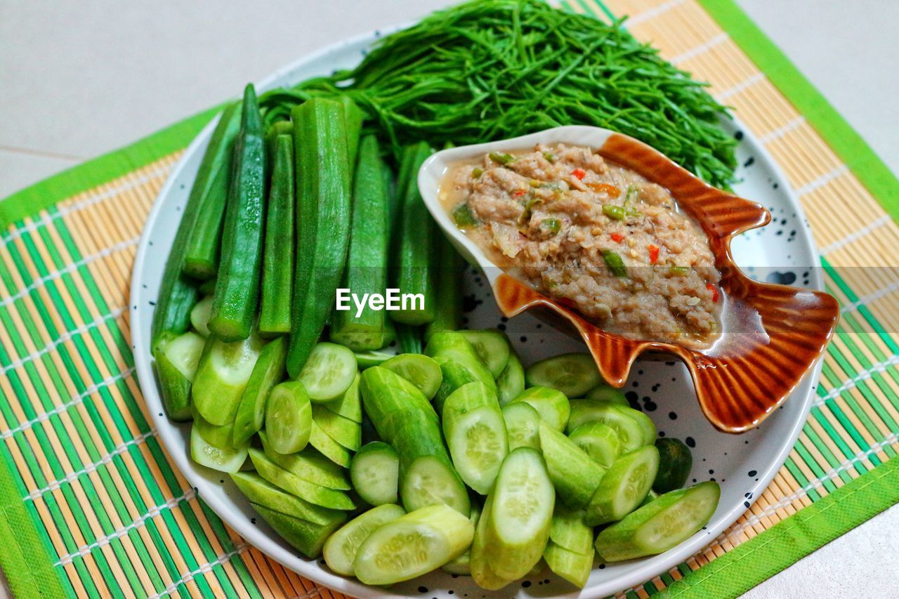 High angle view of meat in plate