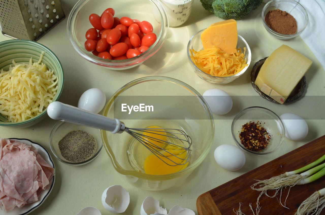 High angle view of food ingredients on kitchen counter