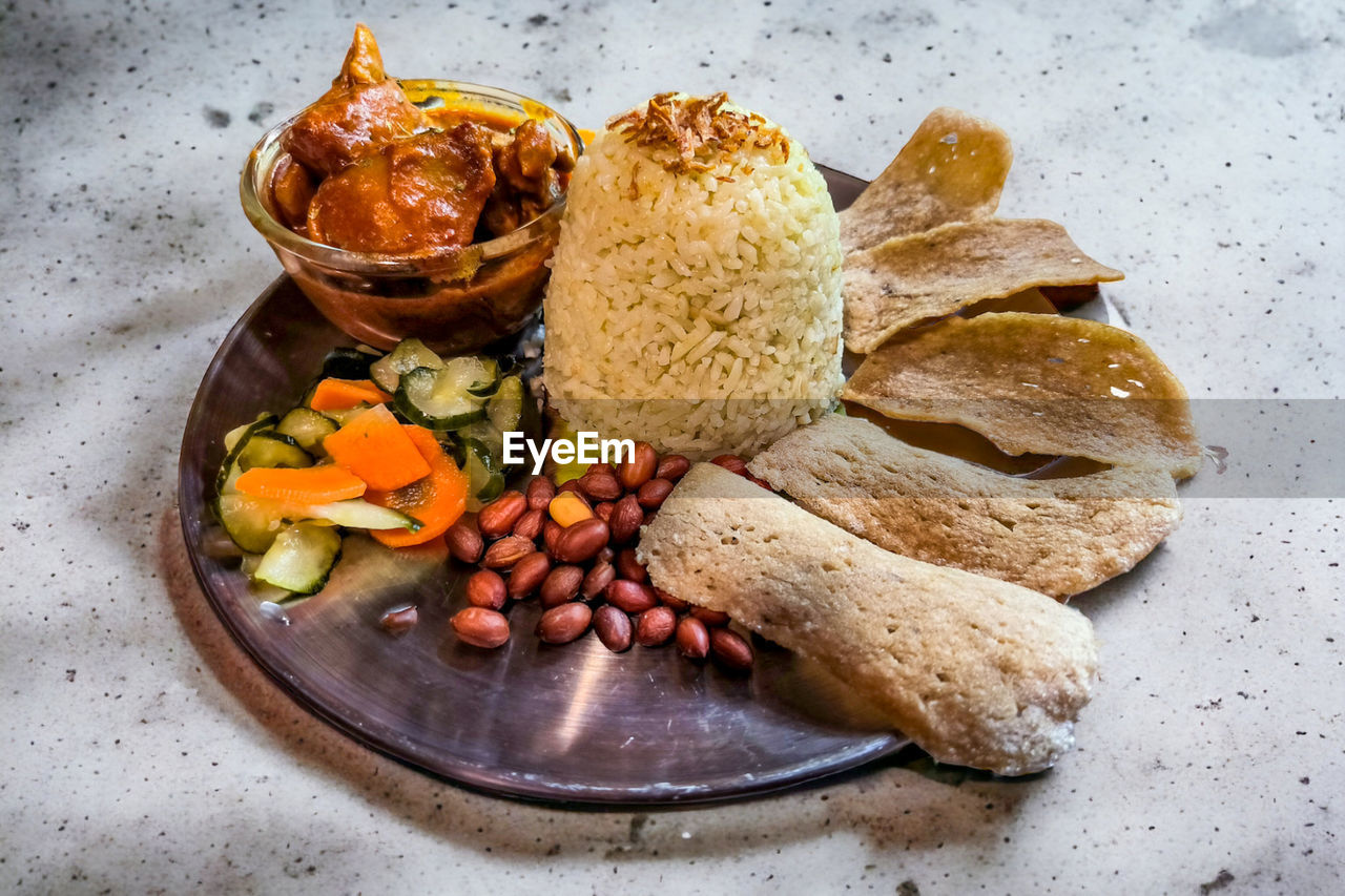 High angle view of food in plate on table