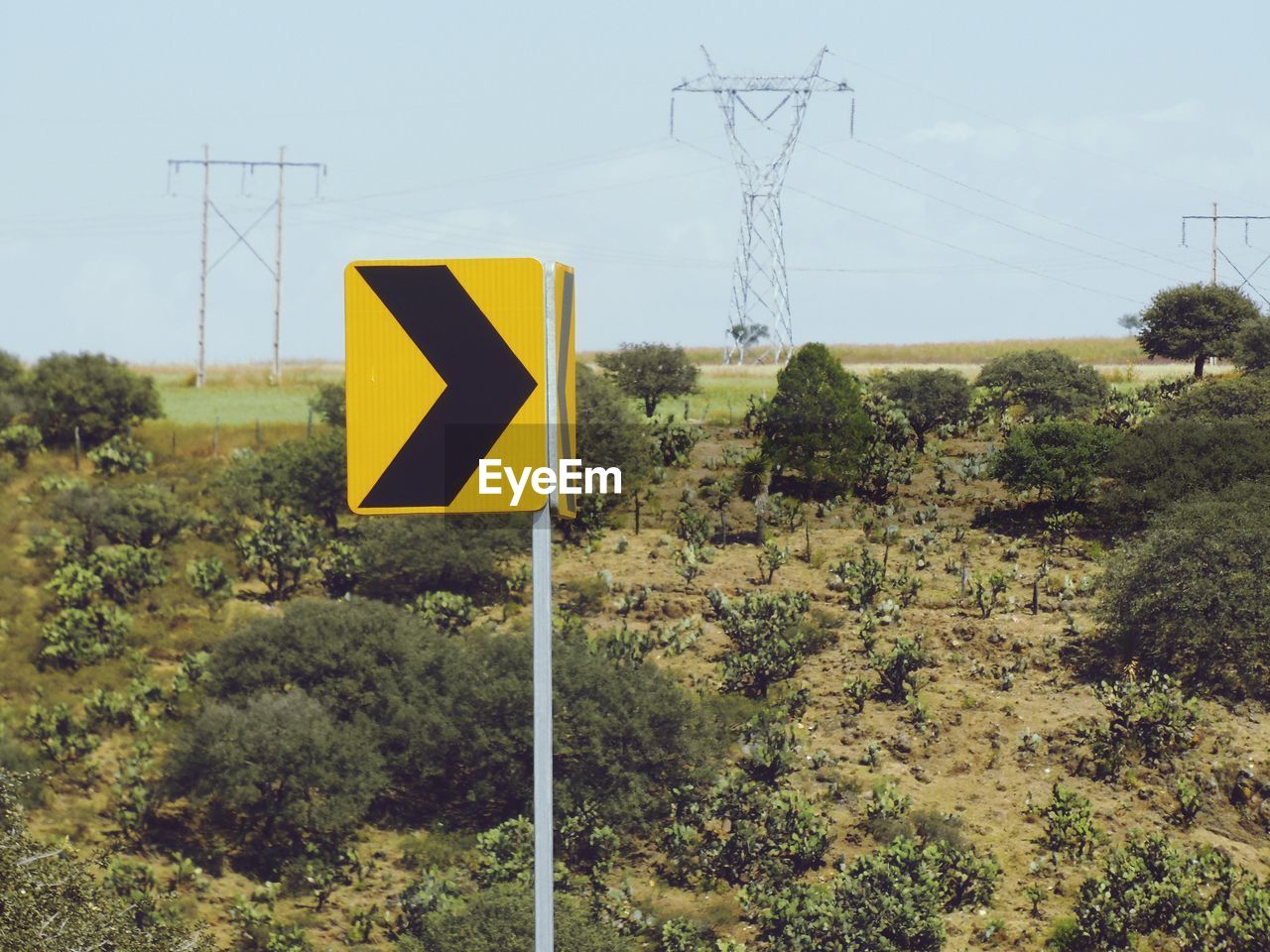 Road sign by trees against sky