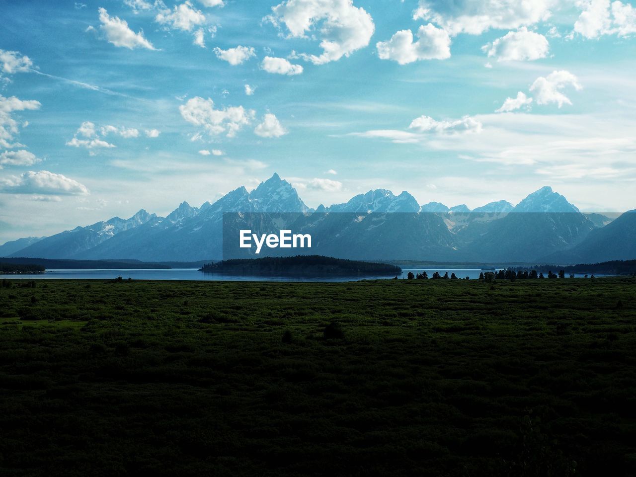 Scenic view of field and mountains against sky