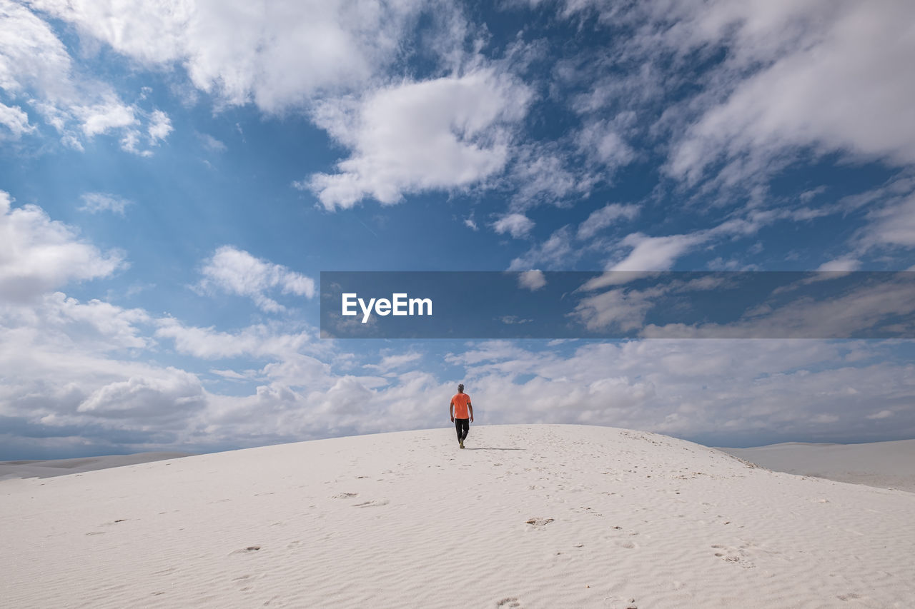 Rear view of person on desert against sky