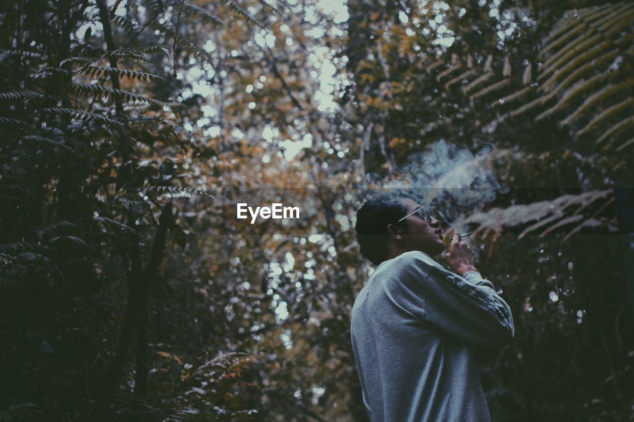 Low angel view of man smoking cigarette while standing against plants