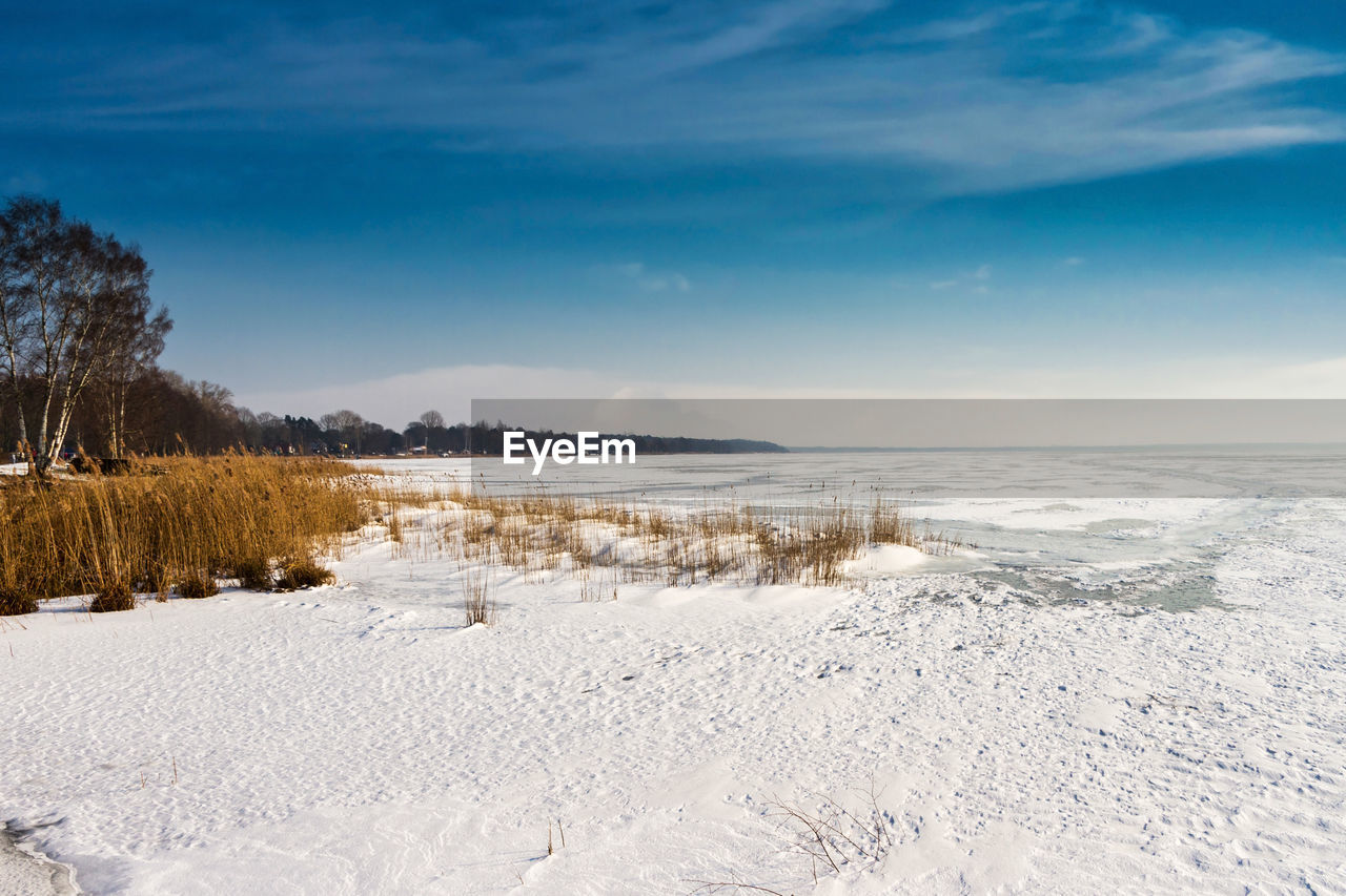 Frozen and snow-covered ice surface on the steinhuder meer