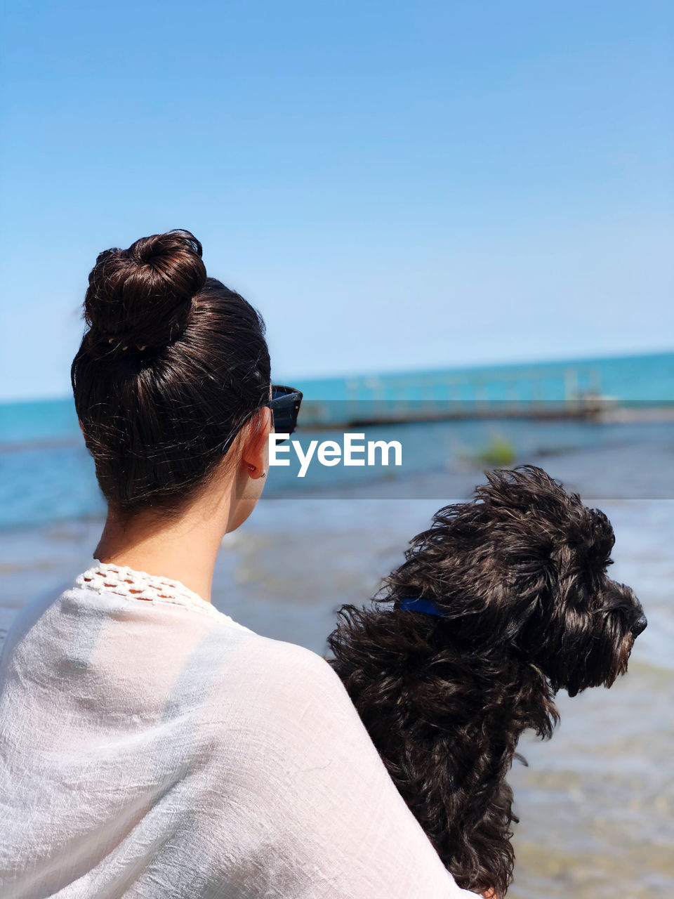 Rear view of woman with dog at beach