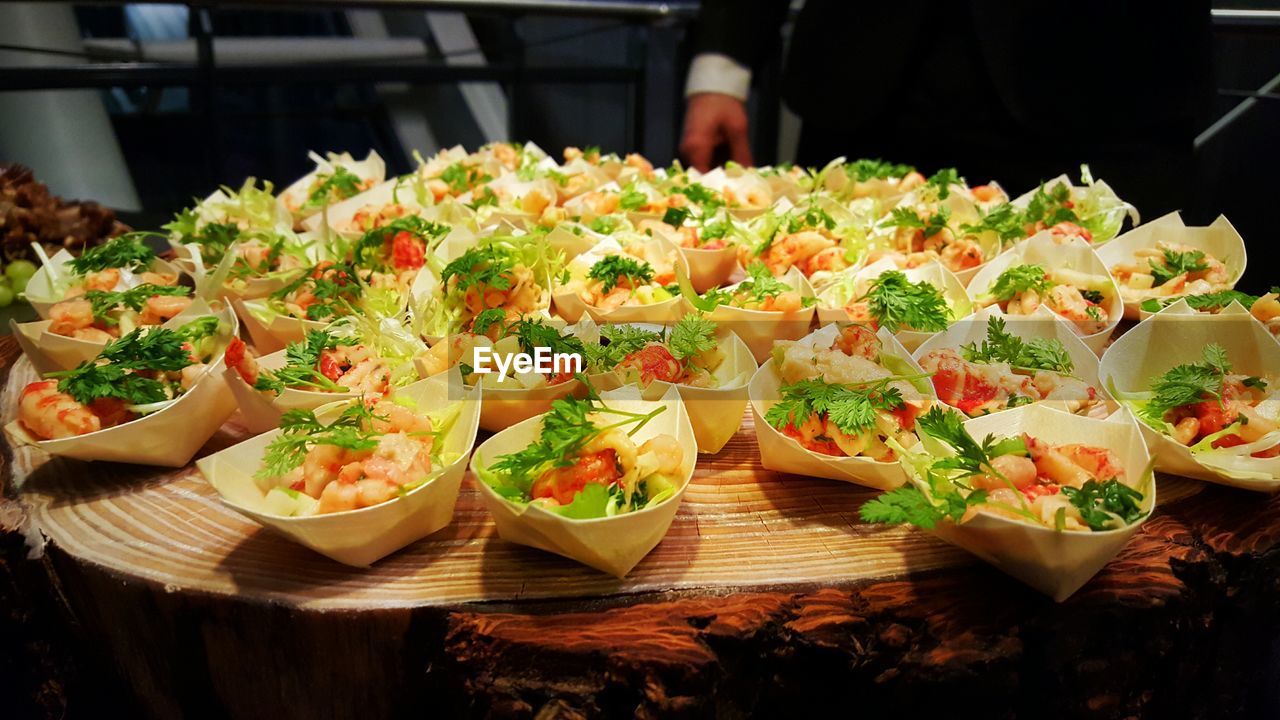 High angle view of food served on table