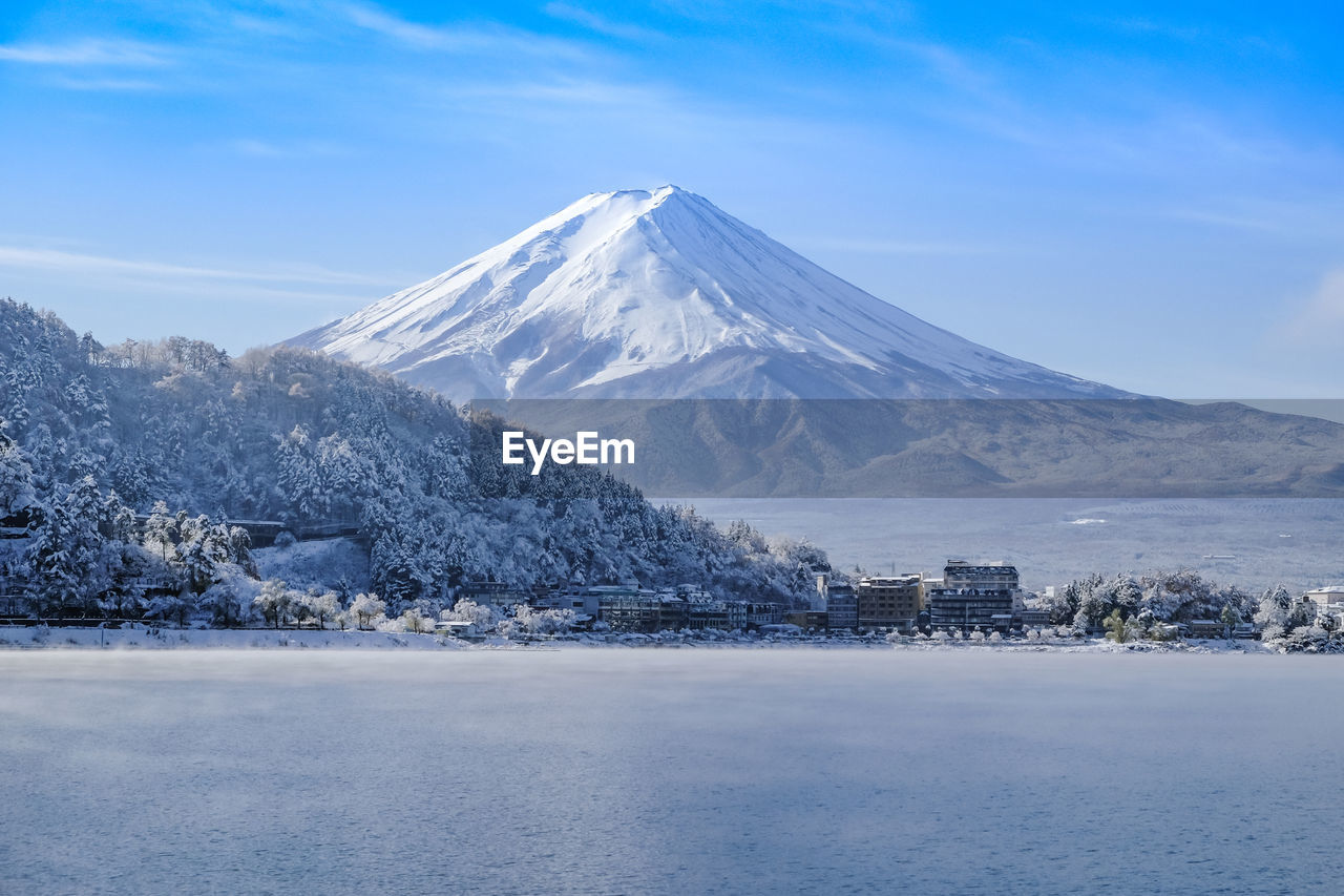 Scenic view of lake and mountain during winter