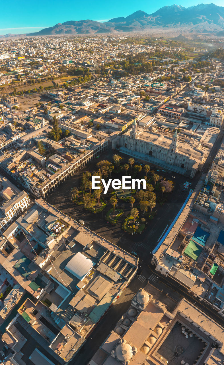 Aerial view on sunrise at plaza de armas. cityscape of arequipa with its catholic cathedral 