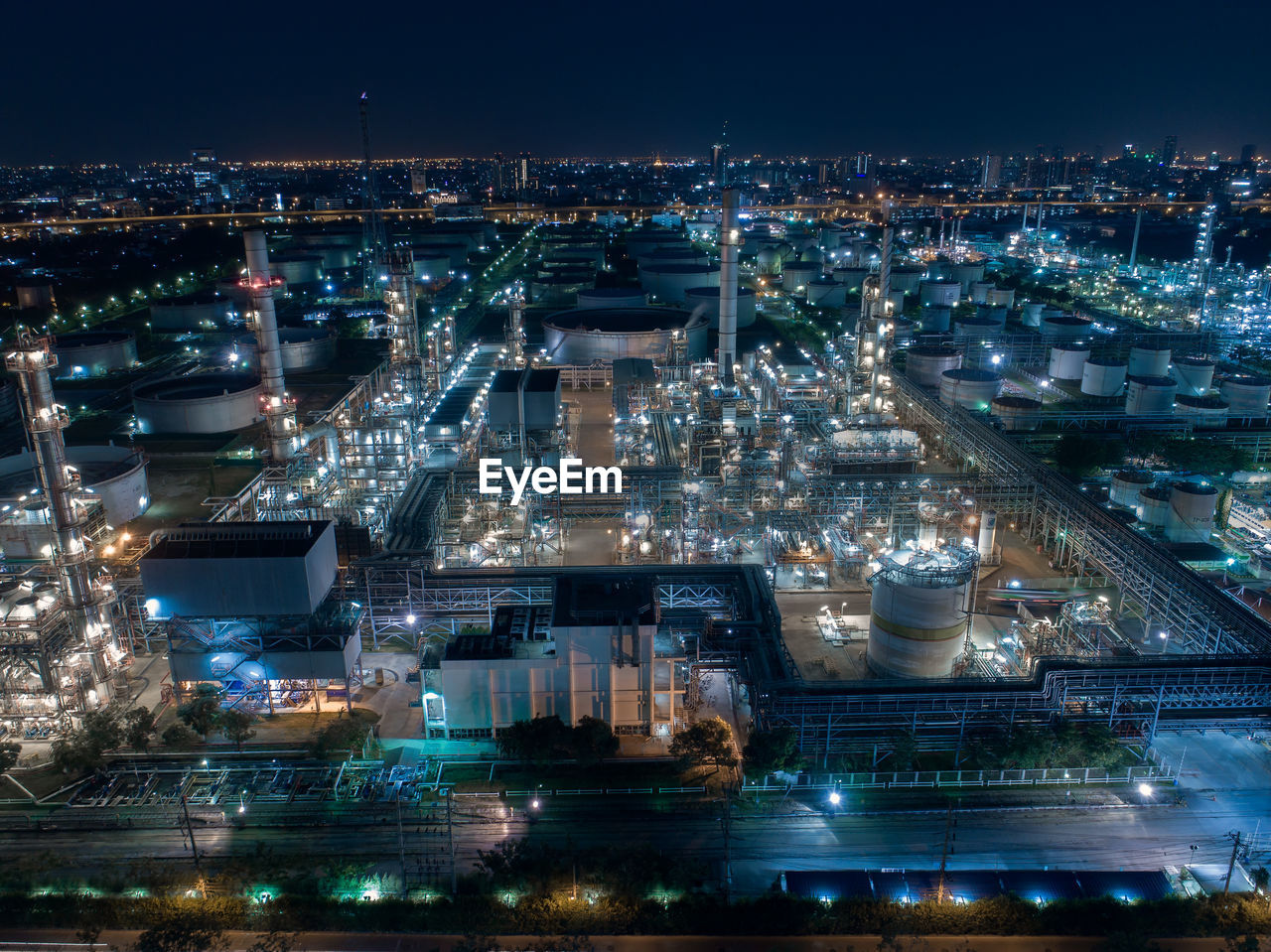 High angle view of illuminated petrochemical plant