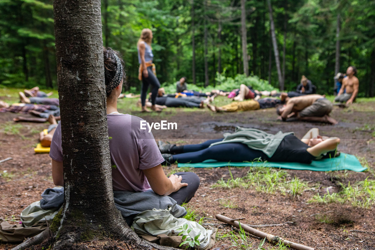 Group of people relaxing on tree trunk in forest