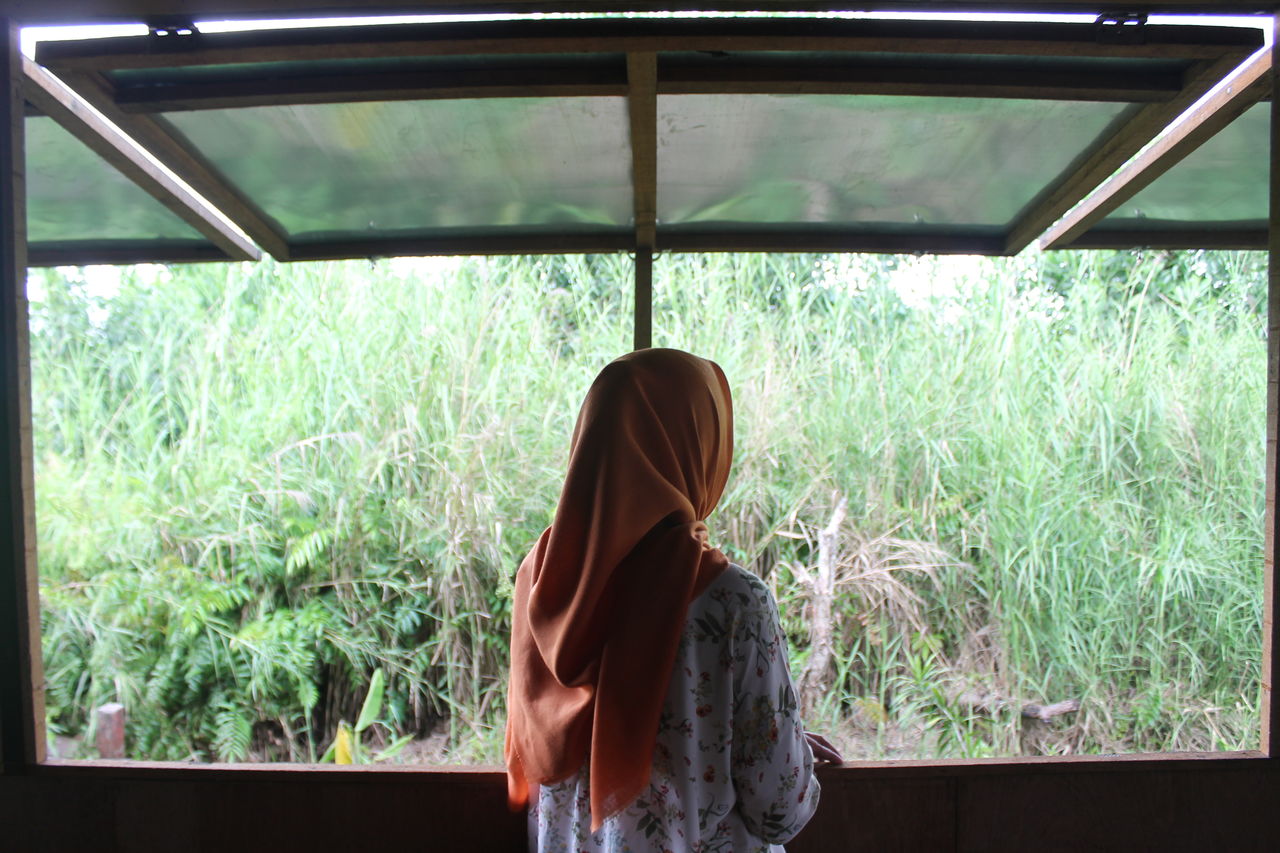 Rear view of woman looking out window