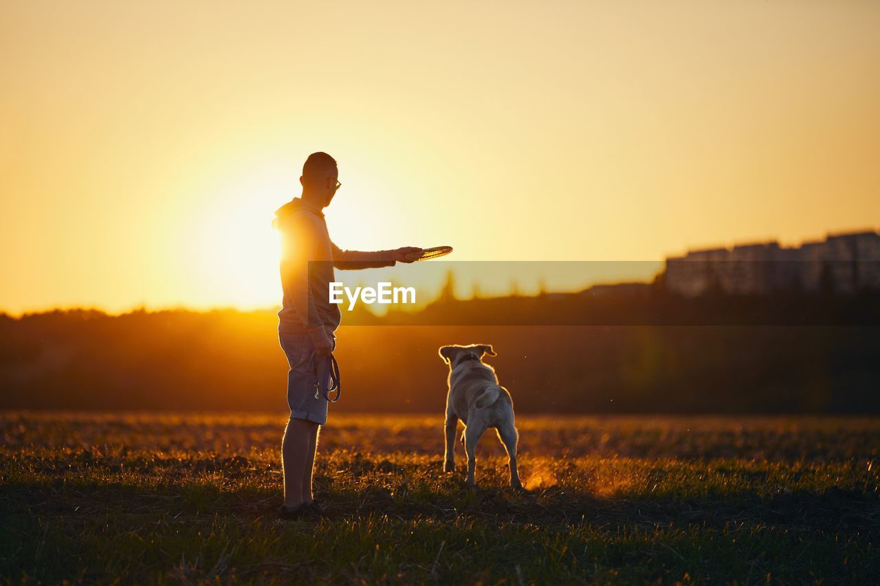Man with dog on field during sunset