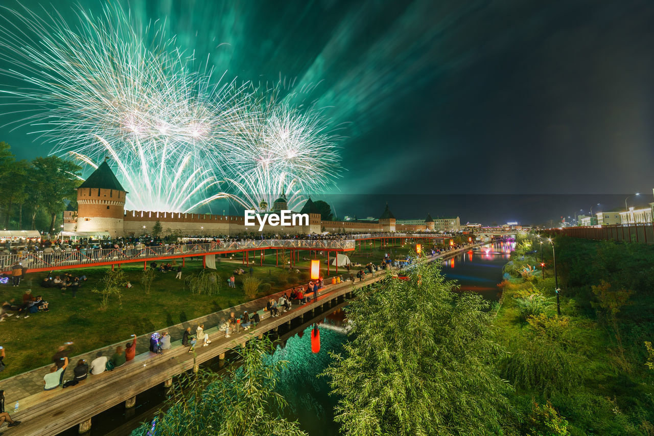 Summer night fireworks above the kremlin at end of the day of the city in tula, russia