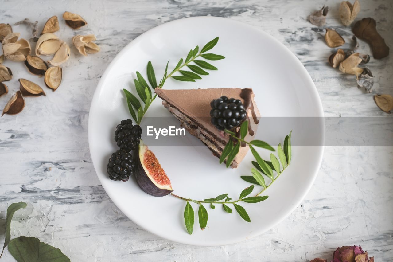 HIGH ANGLE VIEW OF CAKE SERVED ON TABLE